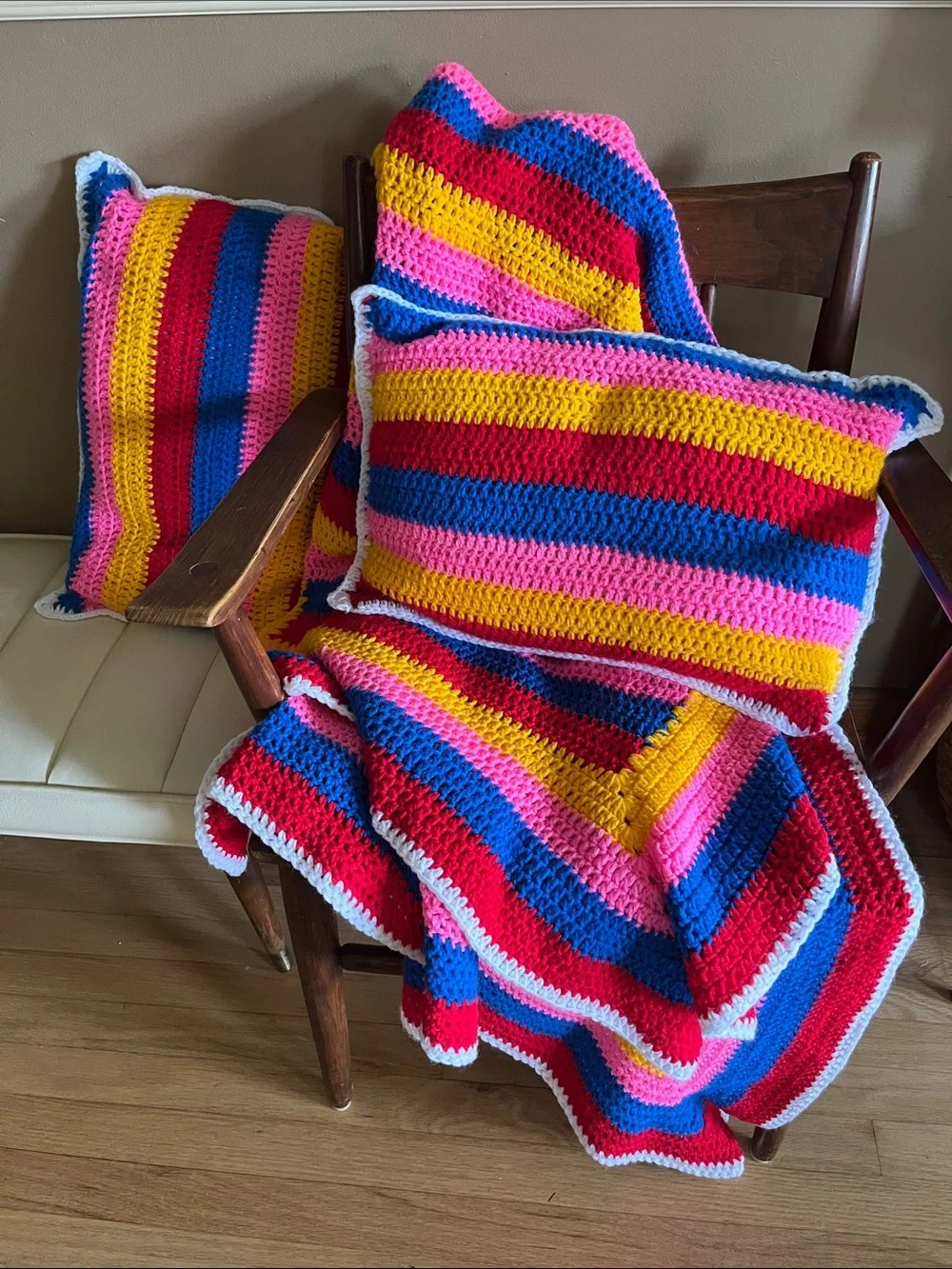 Handmade Striped Crochet Throw Blanket and 2 Pillow Set - Multicolor